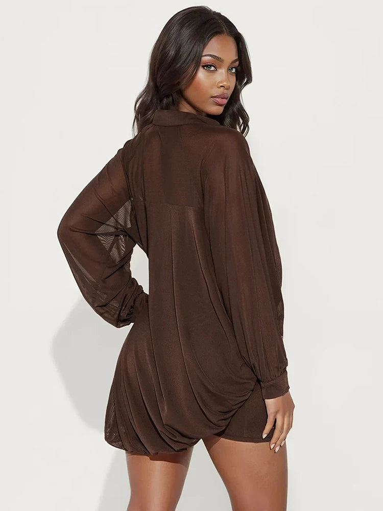 Simple Mesh 2-Piece Set Women Lapel Irregular Curling Edge V-Neck Shirt+Peach Hip Skirt Matching Casual Slim Outfits