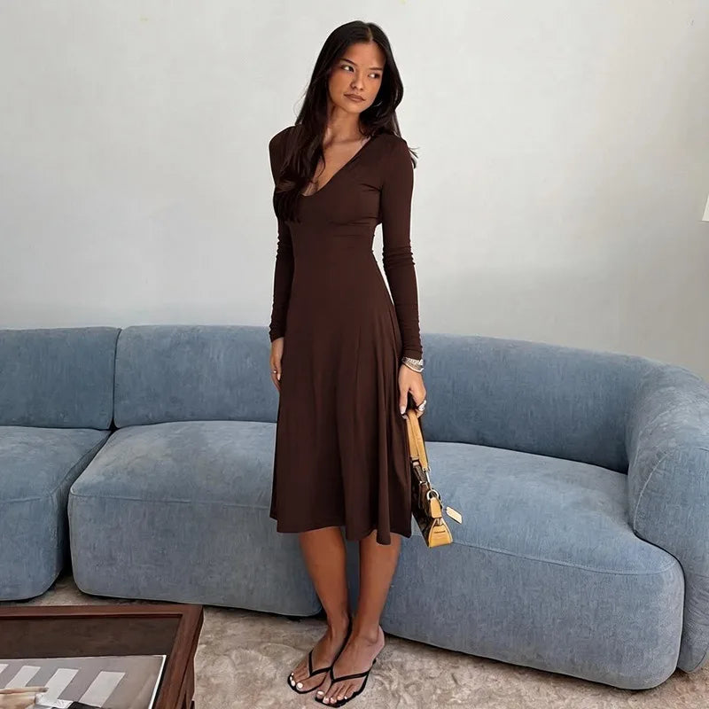 Elegant Brown V Neck Long Sleeve Midi Dress Fall 2026 Women's Casual Dresses