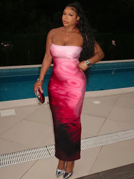 Strapless Print Sexy Midi Dress For Women Fashion Off-shoulder Backless Bodycon Club Party Sexy Long Dress Clubwear
