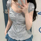 Women Fairy Grunge Crop Top Vintage Lace Short Sleeve Shirt Aesthetic Patchwork Square Neck T-Shirt 90s Harajuku Shirt