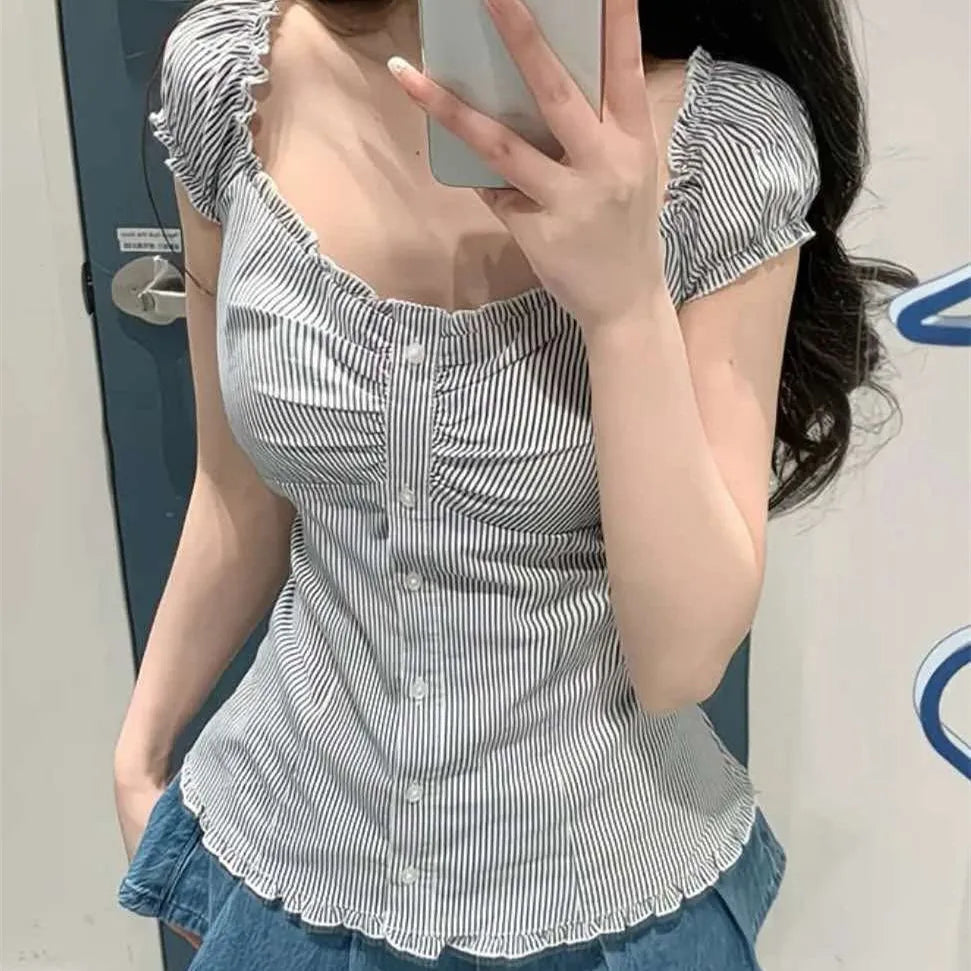 Women Fairy Grunge Crop Top Vintage Lace Short Sleeve Shirt Aesthetic Patchwork Square Neck T-Shirt 90s Harajuku Shirt