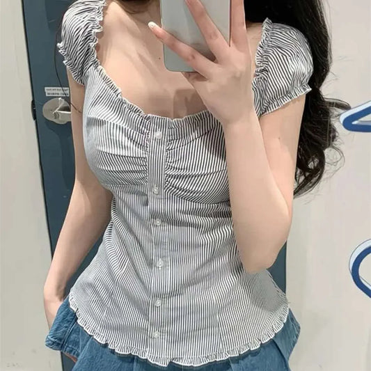 Women Fairy Grunge Crop Top Vintage Lace Short Sleeve Shirt Aesthetic Patchwork Square Neck T-Shirt 90s Harajuku Shirt