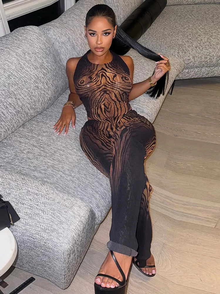 See Through Tiger Print 2-Piece Set Women o-Neck Halter Backless Bandage Vest+Trousers Elasticity Sexy Midnight Suits