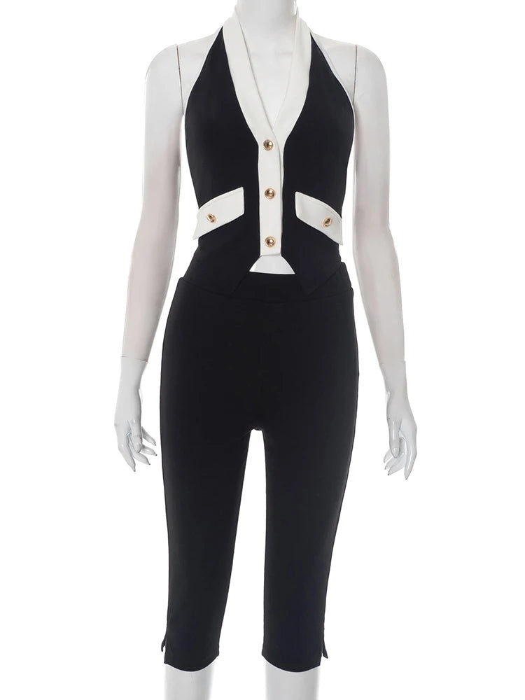 Metal Buckle Women 2 Piece Set Halter Patchwork Backless Tank Tops+Mid Short Matching Slim Streetwear Elegant Outfits