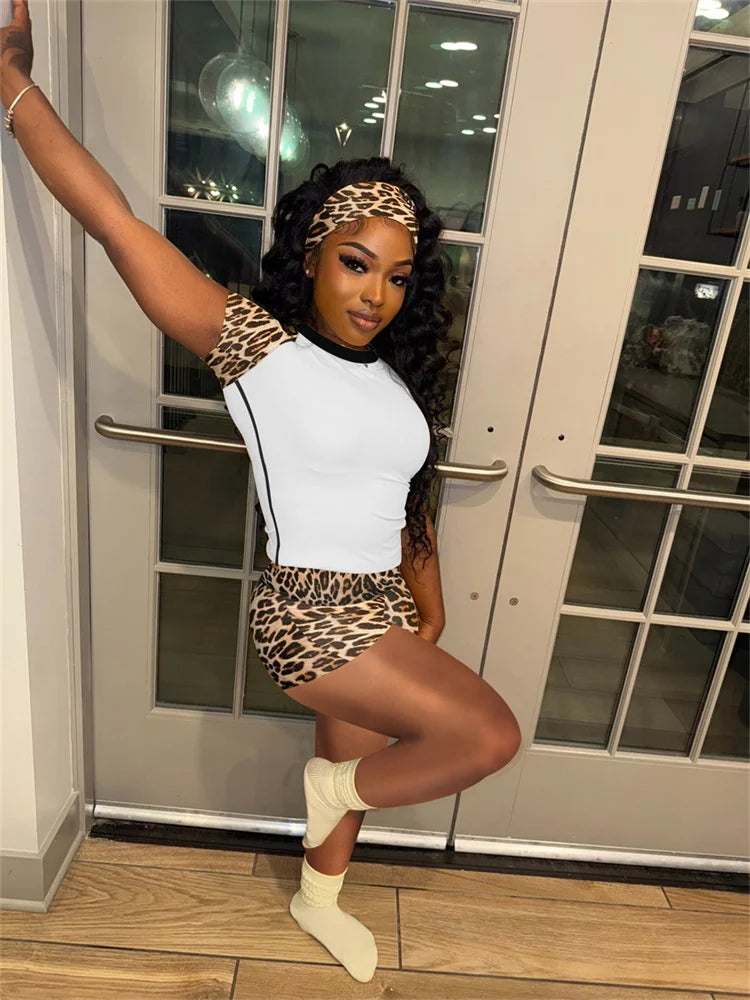 Casual Simple 3 Piece Set Women Solid Headbands+Patchwork Crop Tops+Skinny Shorts Matching Daily Fashion Sporty Suit