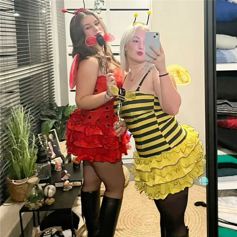 Halloween Bee Costume for Women Ladybug Cosplay Dress with Wings Headband Set Funny Adult Fairy Costumes