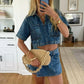 Chic Women Denim 2 Piece Set V Neck Short Sleeve Jean Tunic Tops Irregular Hem Mini Skirt Shorts Set Y2K Streetwear