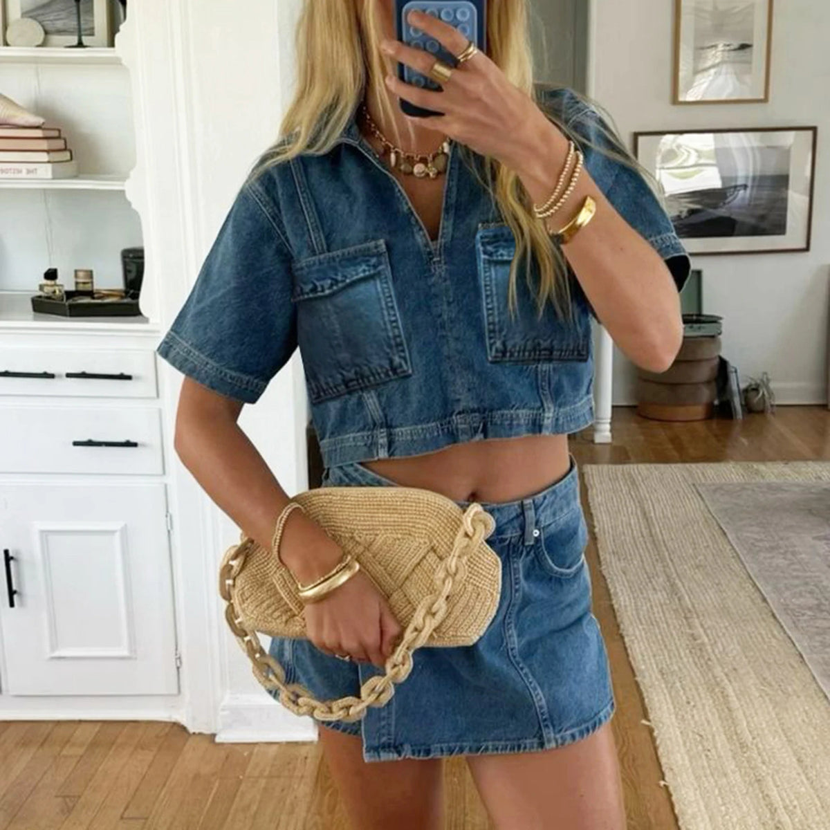 Chic Women Denim 2 Piece Set V Neck Short Sleeve Jean Tunic Tops Irregular Hem Mini Skirt Shorts Set Y2K Streetwear