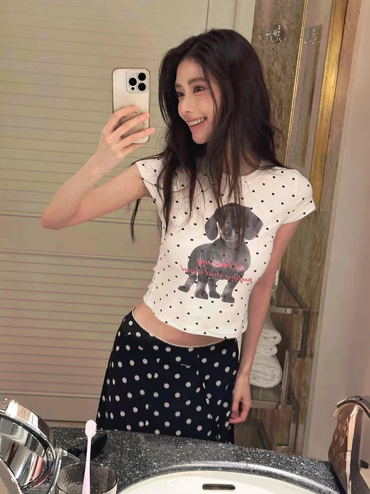 Classic 2 Piece Set Women Hottie Polka Dot Dog Letter Print Short Sleeve T-Shirt+Skirts Trend Simple Street Party Suit