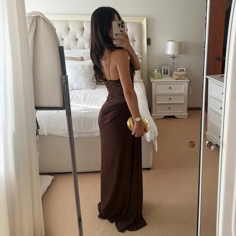 See Through Lace Spliced One Shoulder High Split Maxi Dress European Style Clothes Woman Sexy Party Dresses