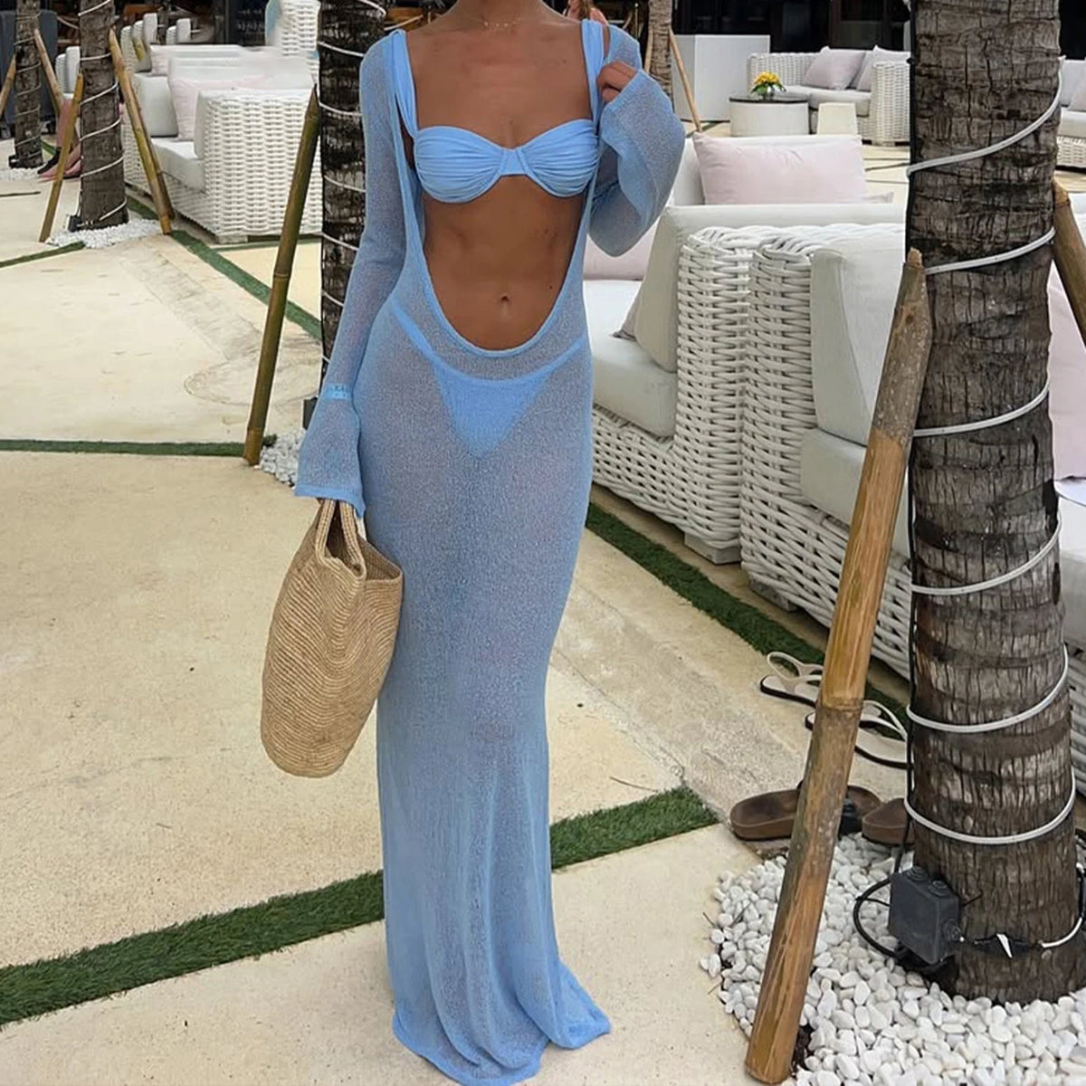 Women Beach Cover Up Solid Color See-Through Long Sleeve Summer Swimsuit Coverup Bathing Suit Cover Ups Long Dresses