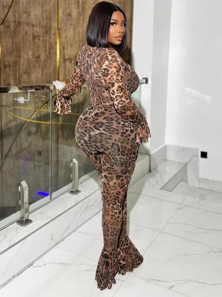 Leopard Print Flared Jumpsuit Women Sexy See Through o-Neck Full Sleeve Skinny Peach Hip Street Wild Style Overalls