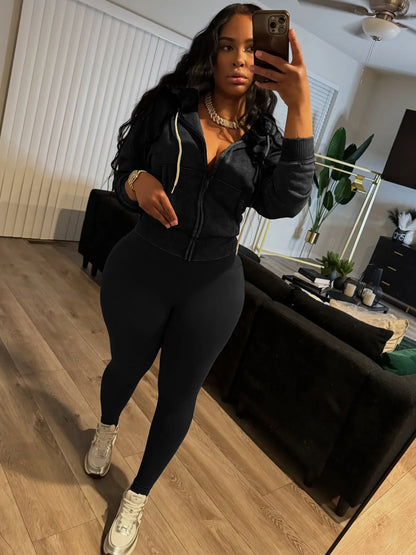 Sporty 2 Piece Set Woman Tracksuit Fall Trend Warm Hooded Zip Jacket+Leggings Matching Street Casual Stretch Outfits