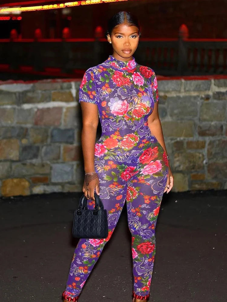 Flower Print Jumpsuits Women Turtleneck Short Sleeve Backless Skinny Peach Hip Midnight Club Party Fashion Overalls