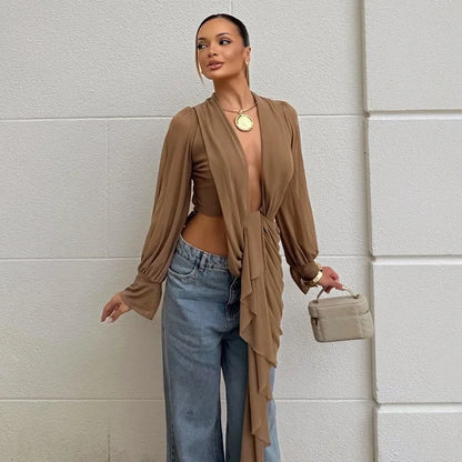 Woman Sheer Mesh Blouses Shirts Elegant Sexy Draped Front Long Sleeve Deep V Neck Backless Tops Fall 2026