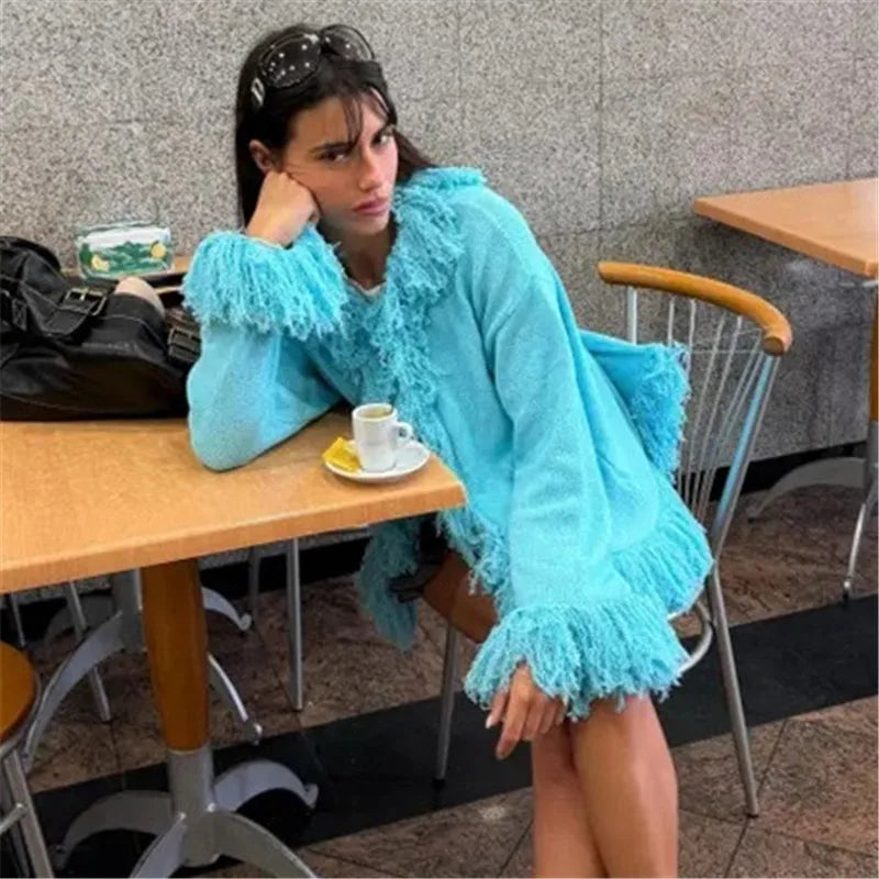 Women Fringe Tassel Knit Cardigan Open Front Long Sleeve Oversized Loose Knitted Coat Beach Cover Up Casual Outer Top