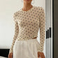 Women's Polka Dot Mesh Long Sleeve Top Sheer Slim Fit Crew Neck T-Shirt Y2K See-Through Casual Streetwear Blouse
