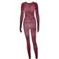 See Through Seamless Striped Jacquard One Piece Long Sleeve Jumpsuit Sexy All Black Outfits for Woman Baddie