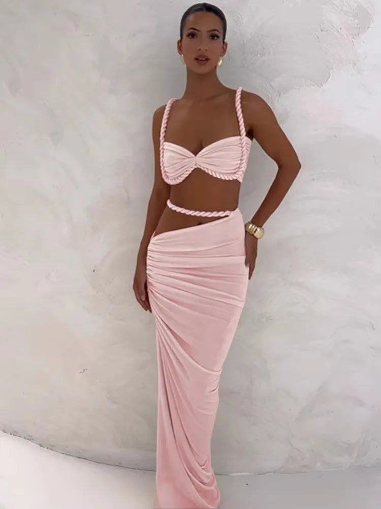 Skinny 2 Piece Set Women Square Collar Bra+Long Skirts 2025 Vacation Beach Party Summer Trend Bandage Ruched  Suits