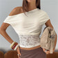Women's Summer Tops Stylish Solid Color Floral Lace Patchwork Off One Shoulder Slim Fit Blouse for Casual Daily Wear