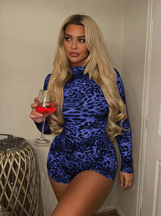 Skinny Full Sleeve Romper Women Wild Sexy O-Neck Serpentine Stretch Leopard Print Midnight Coquettish Trend Playsuits