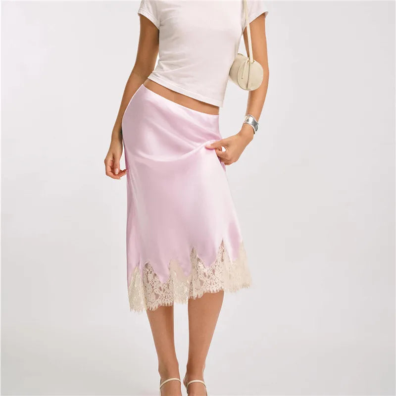 Women Silk Satin Half Slip Long Skirts Lace Patchwork Elastic Waist Long Skirt Elegant Silky Flowy A Line Midi Skirts