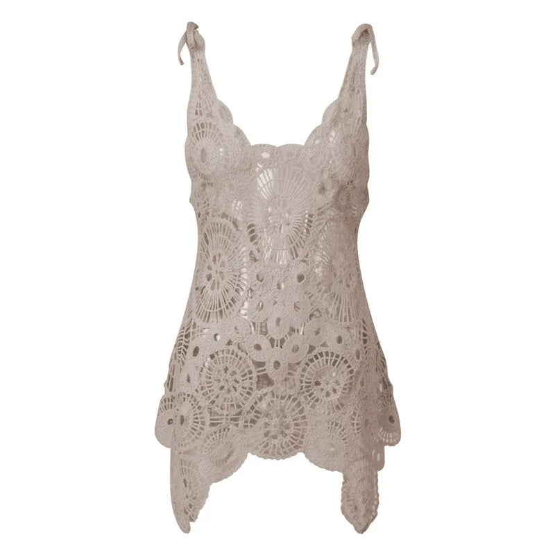 Sexy Women Crochet Swimsuit Coverups Slim U Neck Hollow Out Sleeveless Irregular Hem Mini Summer Beach Dress