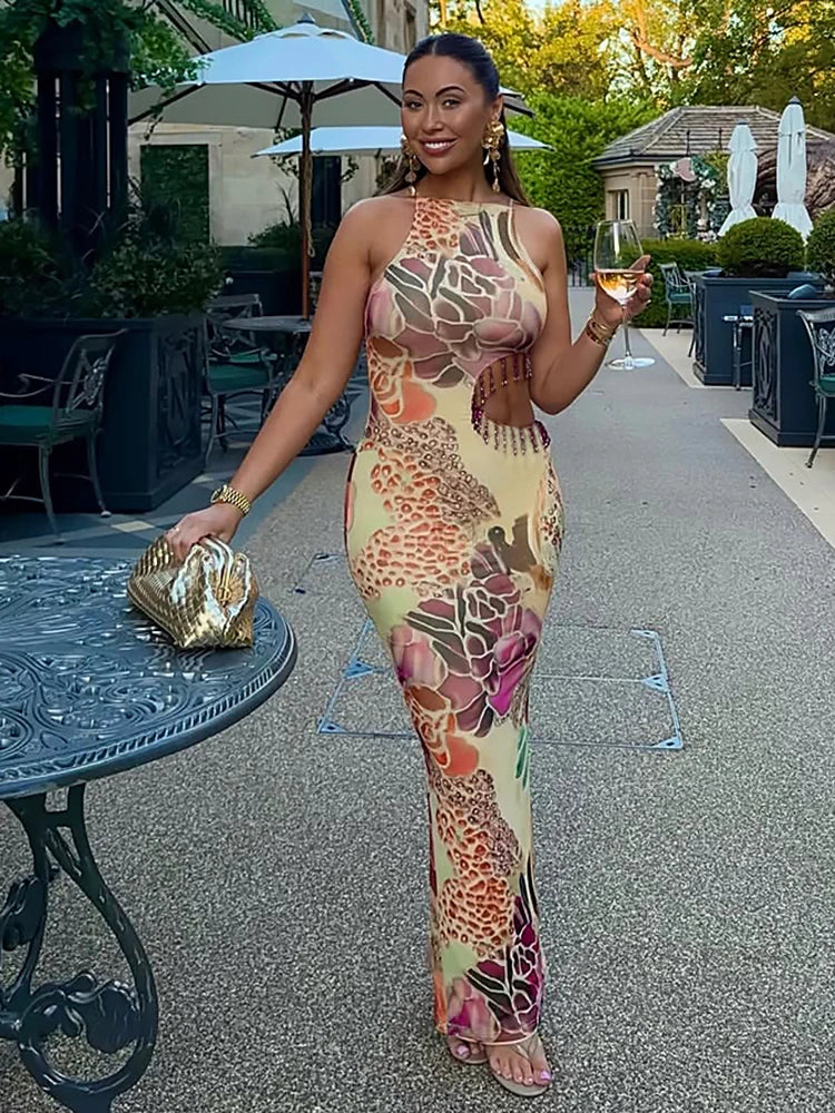 Sexy Hollow Tassel Decoration Dress Woman Colorful Print o-Neck Sleeveless Summer Vacation Elegant Style Long Bodycon