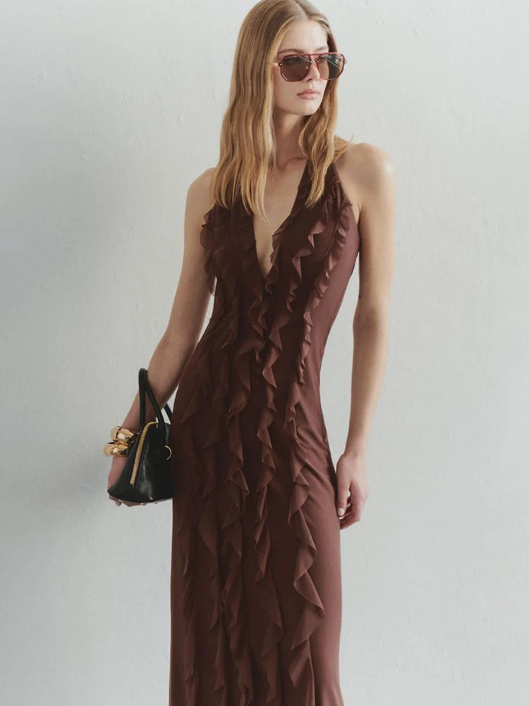 Halter Off-shoulder Ruffle Sexy Maxi Dress Women Fashion V Neck Sleeveless Backless Bodycon Club Party Long Dress