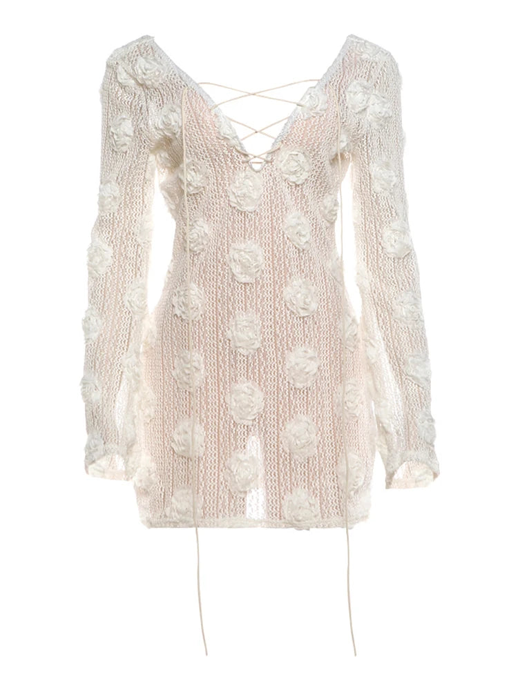 Sexy Shirring Backless Knit Dress Women Fashion Simple 3D Applique See Through Puff Sleeve Trend Party Club Bodycon