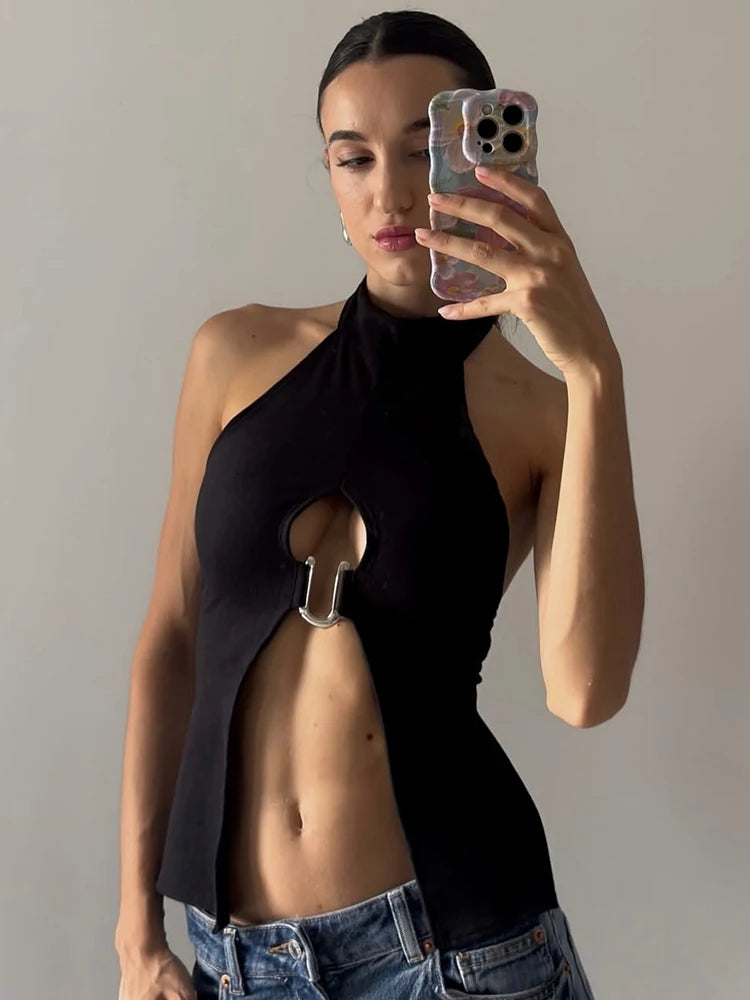 Metal Ring Tank Tops Women Y2K Chic Split Navel Backless Coquette Buttons Halter Sexy Hottie Midnight Wild Basic Vest
