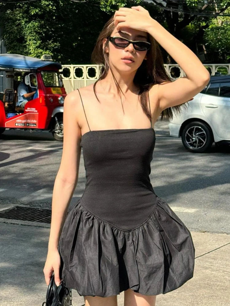 Bubble Hem Spaghetti Strap Backless Mini Dresses Women Summer Black Dress French Style Trendy Clothes