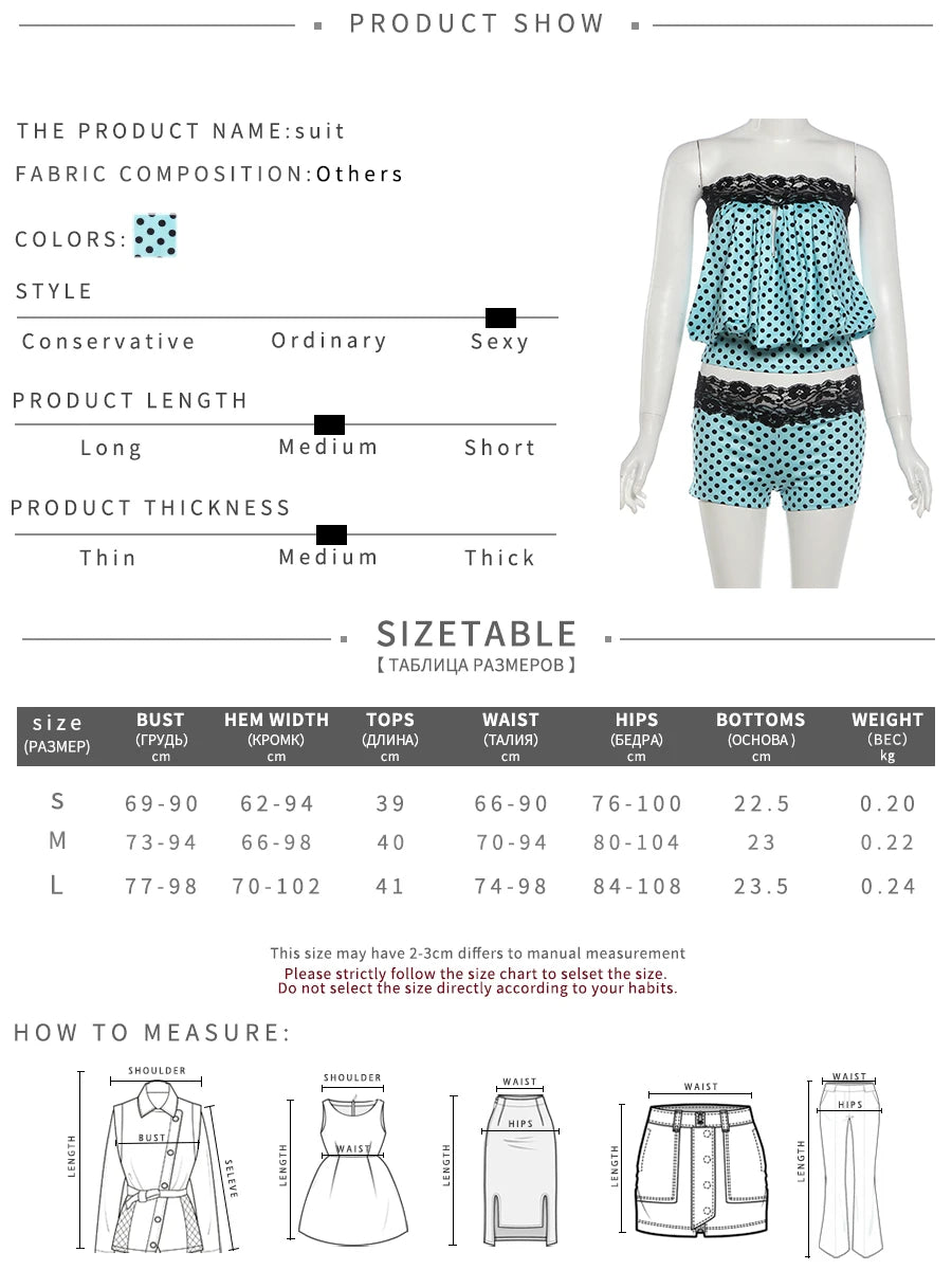 Polka Dot Print 2-Piece Set Women Patchwork Lace Hollow Tank Top+Simple Classic Short Elasticity Sexy Hottie Suit