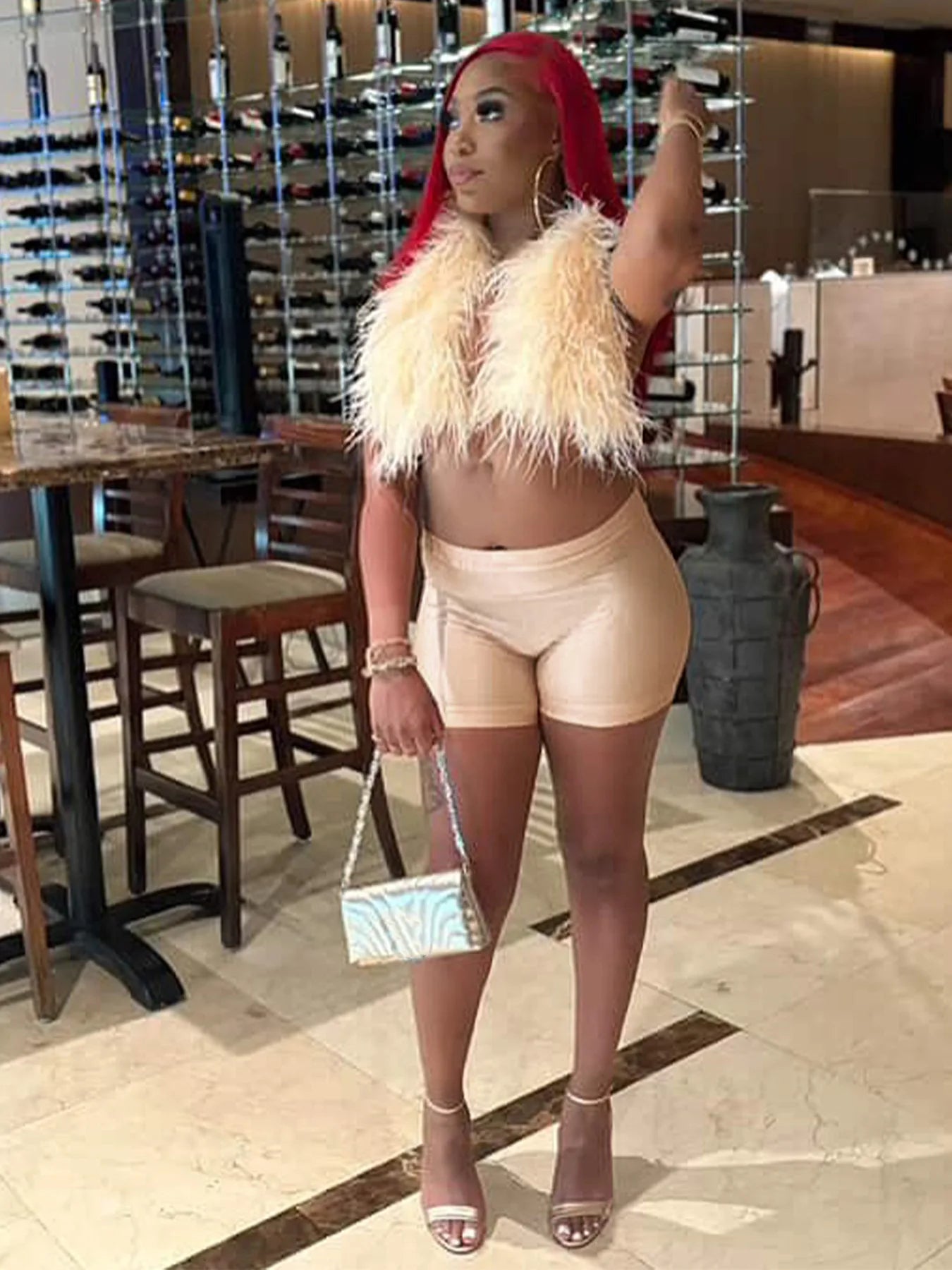 Sexy Hipster Fur 2Piece Set Women Luxury Tank Tops+Tight Stretch Shorts Y2K Summer  Midnight Clubwear Party Outfits