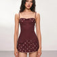 Fashion Party Dress Women Sexy Bow Applique Polka Dot Print Patchwork Button Square Collar Elegant Street Bodycon