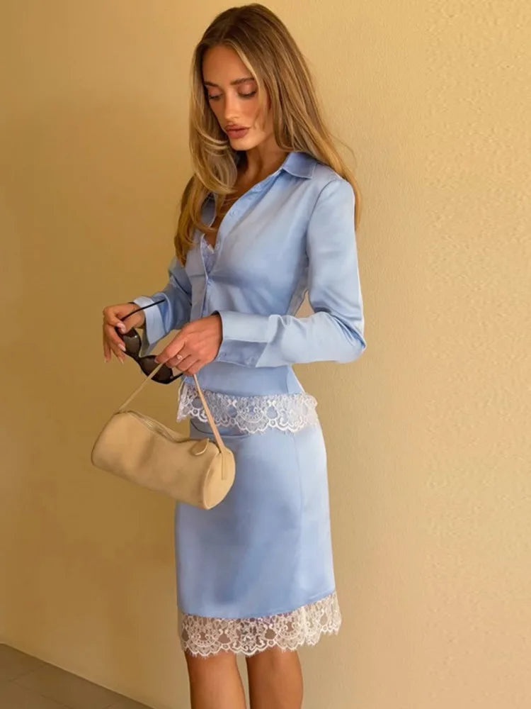 Women 2 Piece Outfit Lace Trim Long Sleeve Button Down Shirt Midi Pencil Skirt Set Elegant Office Party Matching Suit