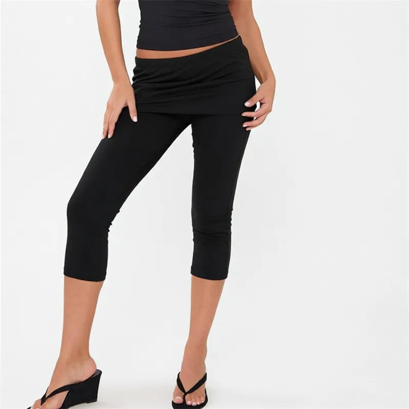 Chic Women Fold Over Waist Skirted Capri Leggings Stretchy Slim Fit 3/4 Cropped Pants Daily Casual Y2K Streetwear Bottom