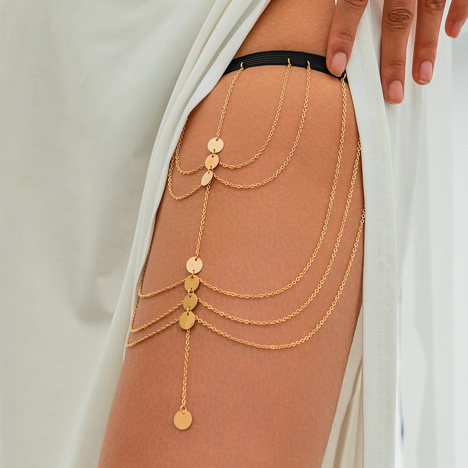 Boho Multilayer Elastic Band Star Sequin Tassel Leg Thigh Chain Women Wed Bikini Summer Body Jewelry Wed Accessories