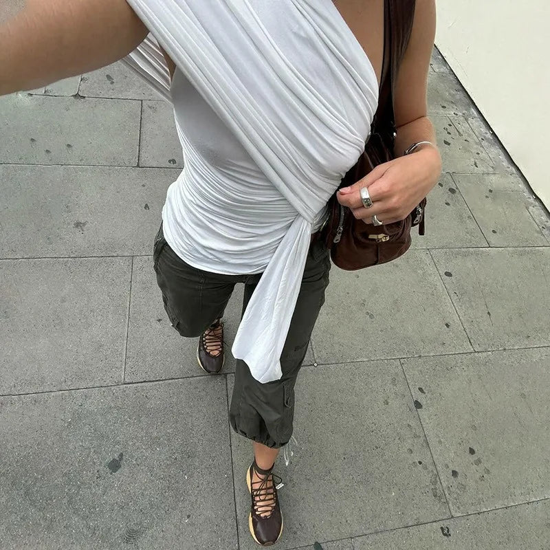 Trendy Asymmetrical Tops for Woman Streetwear Clothing Twisted One Shoulder Ruched Tank Tops White