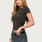 Womens Grommet Crop Top Short Sleeve Crew Neck Studded Tee Shirt Dark Grey Metal Embellished Cotton Blend Streetwear Top