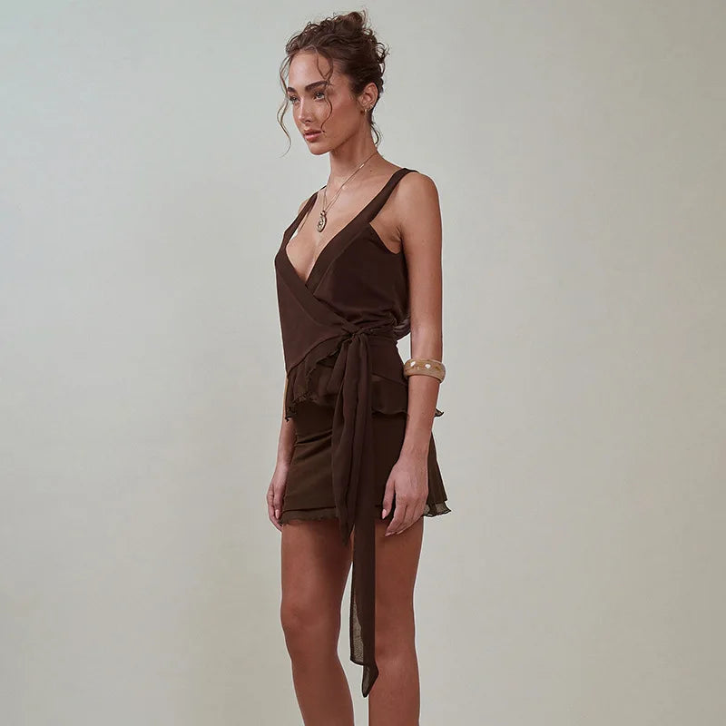 Two Piece Set Mesh Ruffled Backless Top and Mini Skirt Matching Sets Sexy Womens Outfit Summer 2026