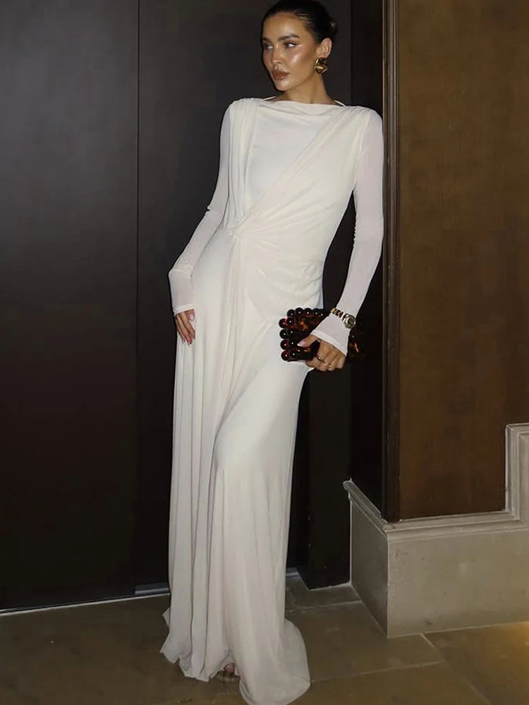 Ruched Elegant Long Dress Woman Autumn Trend o-Neck Mesh Patchwork Full Sleeve Ribbon Decoration Party Gown Vestidos