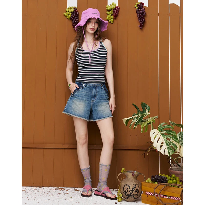 Striped Colorful Trim Tank Top, Embroidered U-Neck Slim Knit Camisole, Casual Y2K Sleeveless Top for Women