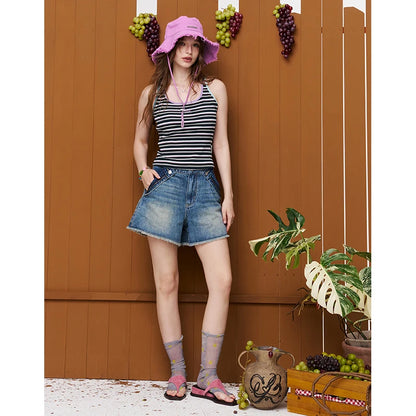 Striped Colorful Trim Tank Top, Embroidered U-Neck Slim Knit Camisole, Casual Y2K Sleeveless Top for Women
