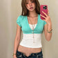 Dopamine Style t-Shirt Women Button Deep v-Neck Puff Sleeve Sexy High Street Hottie Simple Classic Casual Clubwear