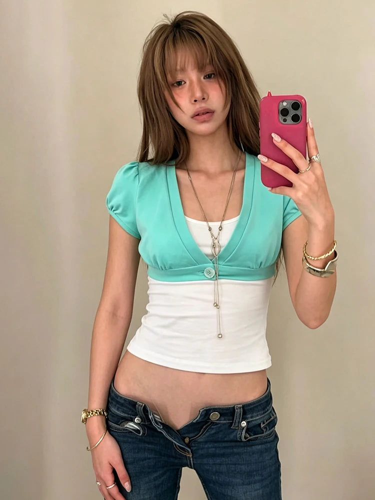 Dopamine Style t-Shirt Women Button Deep v-Neck Puff Sleeve Sexy High Street Hottie Simple Classic Casual Clubwear