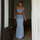 Blue Satin Co Ords Sets Elegant Party Outfits for Woman Summer 2026 Sexy 2 Piece Ruched Top Maxi Skirt Set