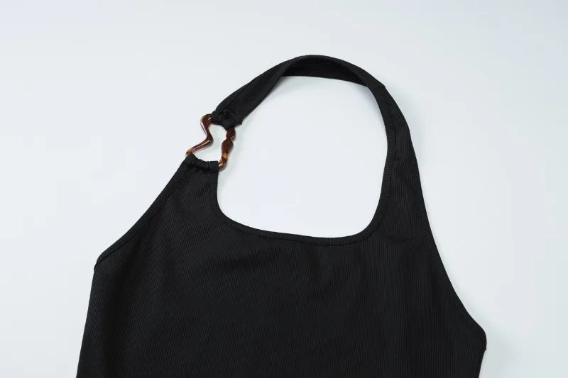Hardwear Detail Halter Neck Open Back Tops Sexy Black White Ribbed Tight Fitted Tank Tops Clubwear Woman