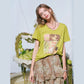Women's Artistic T‑Shirt with Cat & Floral Patchwork Print, V‑Neck Short Sleeve Regular Fit Tee for Summer Casual Daily