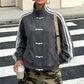 Women Chinese Frog Button Stripe Sleeve Stand Collar Oversized Suede Jacket Loose Zip Up Street Casual Track Outerwear